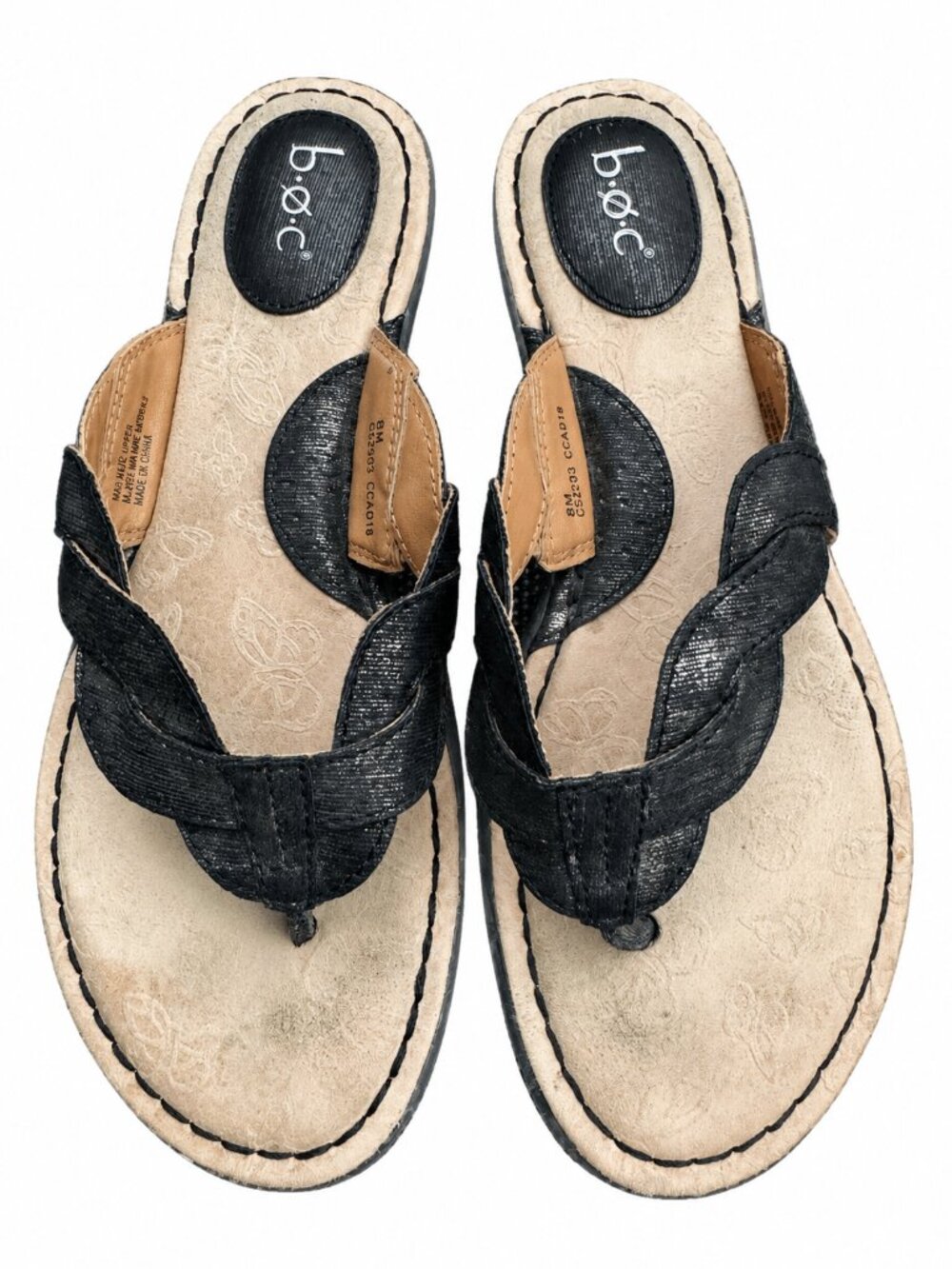 b.o.c. Born Black Thong Sandals Size 8M Comfort Flip Flops Textured Shimmer